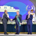 President Asif Ali Zardari shaking hands with His Majesty King Abdullah II ibn Al-Hussein of Jordan after the King conferred the Wisam al-Nahdah al-Mursa‘ award on him at Aiwan-e-Sadr.
