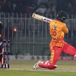 Zimbabwe’s batter Tinotenda Maposa bowled out by Usmn Tariq during the Pakistan T20I Tri-Nation Series cricket match between Zimbabwe and Pakistan at Pindi Cricket Stadium