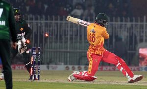 Zimbabwe’s batter Tinotenda Maposa bowled out by Usmn Tariq during the Pakistan T20I Tri-Nation Series cricket match between Zimbabwe and Pakistan at Pindi Cricket Stadium