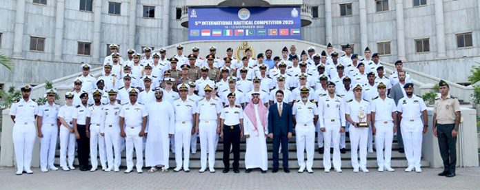 Commander Karachi, Vice Admiral Muhammad Faisal Abbasi awarding Winner's trophy to the team of Turkiye at the closing ceremony of 5th Pakistan Navy International Nautical Competition 2025 held at PNS RAHBAR