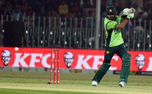 Pakistani batter Babar Azam plays a shot during the second one day international cricket match between Pakistan and Sri Lanka at Pindi Cricket Stadium.