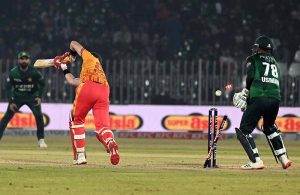 Zimbabwe’s batter Tinotenda Maposa bowled out by Usmn Tariq during the Pakistan T20I Tri-Nation Series cricket match between Zimbabwe and Pakistan at Pindi Cricket Stadium