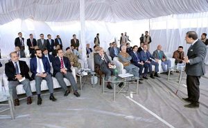 Prime Minister Muhammad Shehbaz Sharif receives briefing during his visit to the construction site of Jinnah Medical Complex and Danish University.