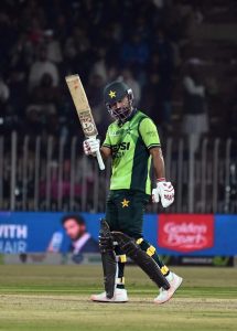 Pakistani batter Babar Azam plays a shot during the second one day international cricket match between Pakistan and Sri Lanka at Pindi Cricket Stadium.