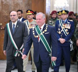 President Asif Ali Zardari with His Majesty King Abdullah II ibn Al-Hussein of Jordan at a special investiture ceremony at Aiwan-e-Sadr.