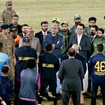 Interior Minister Mohsin Naqvi interacts with Sri Lankan Cricket players during his visit to Rawalpindi Cricket Stadium in practice session