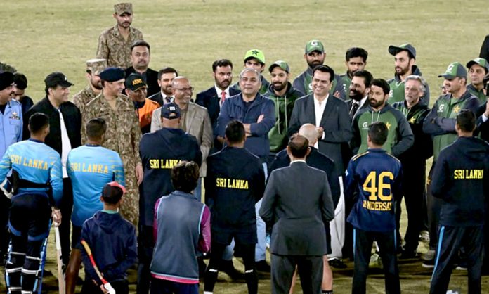 Interior Minister Mohsin Naqvi interacts with Sri Lankan Cricket players during his visit to Rawalpindi Cricket Stadium in practice session