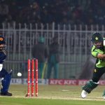 Pakistani batter Babar Azam plays a shot during the 3rd one day international cricket match between Pakistan and Sri Lanka at Pindi Cricket Stadium.