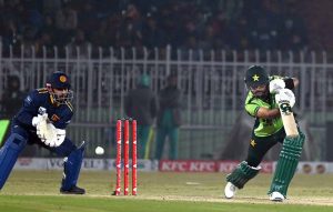 Pakistani batter Babar Azam plays a shot during the 3rd one day international cricket match between Pakistan and Sri Lanka at Pindi Cricket Stadium.