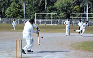 Players in action during final match playing between Crescent and Leopard cricket team at stadium Bahawalpur