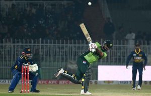 Pakistani batter Babar Azam plays a shot during the 3rd one day international cricket match between Pakistan and Sri Lanka at Pindi Cricket Stadium.