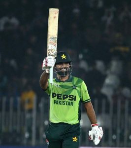 Pakistani batter Babar Azam plays a shot during the 3rd one day international cricket match between Pakistan and Sri Lanka at Pindi Cricket Stadium.