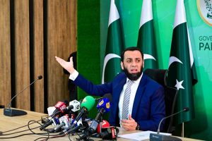 Federal Minister for Information and Broadcasting, Attaullah Tarar addressing a press conference.