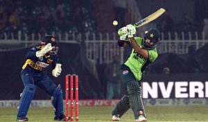 Salman Ali Agha celebrates after scoring a century (100 runs) during the first ODI between Pakistan and Sri Lanka at Rawalpindi Cricket Stadium.