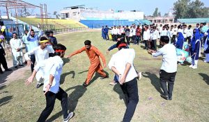 Special students performing in a tableau during Annual Sports Gala of Government Degree College for Special Education Sargodha at Sports Stadium