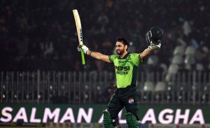 Salman Ali Agha celebrates after scoring a century (100 runs) during the first ODI between Pakistan and Sri Lanka at Rawalpindi Cricket Stadium.