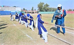 Special students performing in a tableau during Annual Sports Gala of Government Degree College for Special Education Sargodha at Sports Stadium