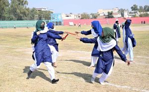 Special students performing in a tableau during Annual Sports Gala of Government Degree College for Special Education Sargodha at Sports Stadium
