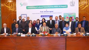 Federal Minister for Planning and Development, Ahsan Iqbal, at the launching ceremony of the Labour Force Survey (LFS) 2024-25.