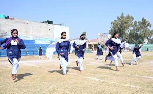 Special students performing in a tableau during Annual Sports Gala of Government Degree College for Special Education Sargodha at Sports Stadium