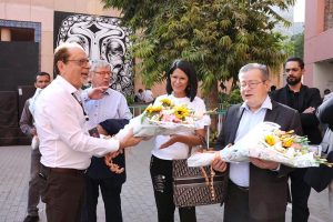 Mr. Nicolas Galey, Ambassador of France to Pakistan, along with Camelia Galey, being welcomed with bouquets by President of the Arts Council of Pakistan Karachi, Muhammad Ahmed Shah, during their visit to the 39-day “World Culture Festival 2025” organized by the Arts Council