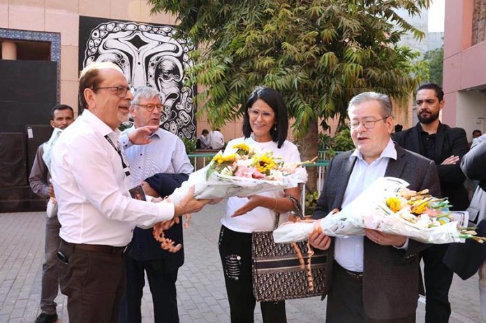 Mr. Nicolas Galey, Ambassador of France to Pakistan, along with Camelia Galey, being welcomed with bouquets by President of the Arts Council of Pakistan Karachi, Muhammad Ahmed Shah, during their visit to the 39-day “World Culture Festival 2025” organized by the Arts Council