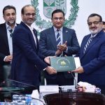 Managing Director Pakistan Bait-ul-Mal (PBM) Senator Capt. Shaheen Khalid Butt and CEO Jazz Cash Murtaza Ali exchanging the documents of Agreement to introduce an Electronic Biometric Verification System for PBM's beneficiaries, in a ceremony at PBM Head Office