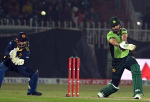 Salman Ali Agha celebrates after scoring a century (100 runs) during the first ODI between Pakistan and Sri Lanka at Rawalpindi Cricket Stadium.
