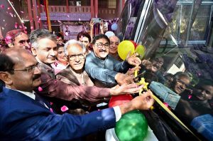 Special Assistant to Chief Minister Sindh Khair Muhammad Sheikh along with others inaugurates the new buses for different colleges of district to improve the travel facilities of students during the ceremony at Shaheed Mohtarma Benazir Bhutto Government Girls Degree College Naudero.