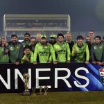Pakistan cricket team and management in a group photograph with the trophy after winning the ODI series against Sri Lanka.