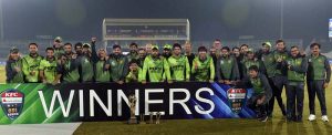Pakistan cricket team and management in a group photograph with the trophy after winning the ODI series against Sri Lanka.