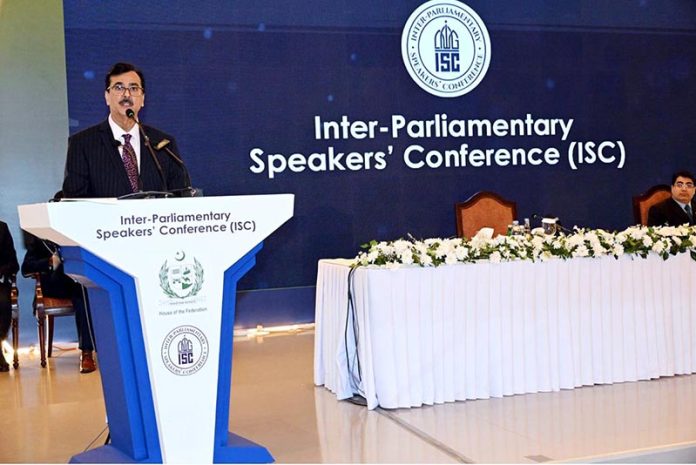 Chairman Senate and Founding Chairman of Inter-Parliamentary Speakers' Conference, Syed Yousaf Raza Gilani addressing the concluding session of the ISC in federal capital