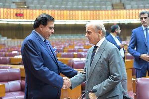 Prime Minister Muhammad Shehbaz Sharif interacts with the members of the National Assembly