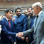 Prime Minister Muhammad Shehbaz Sharif interacts with the members of the National Assembly