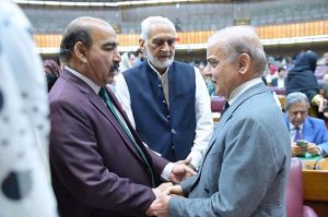 Prime Minister Muhammad Shehbaz Sharif interacts with the members of the National Assembly
