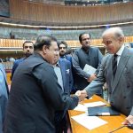 Prime Minister Muhammad Shehbaz Sharif interacts with the members of the National Assembly