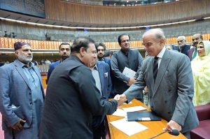 Prime Minister Muhammad Shehbaz Sharif interacts with the members of the National Assembly