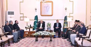 President Asif Ali Zardari and Prime Minister Muhammad Shehbaz Sharif during a meeting at Aiwan-e-Sadr.
