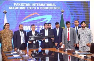 Governor of Sindh Kamran Khan Tesori is being briefed by Dr. Sajid Baloch, Director General of the National Electronic Complex of Pakistan (NECOP), regarding drone jamming guns