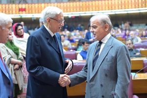Prime Minister Muhammad Shehbaz Sharif interacts with the members of the National Assembly