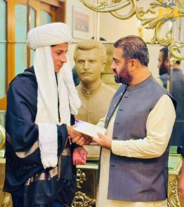 Ex-minister Mir Khalid Lango honours taekwondo prodigy Syed Abu Huraira Shah with one lakh cash award
