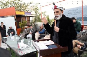 Senator Talha Mahmood addresses a ceremony for the book launch of Qazi Inayat Jalil Anbar, a prominent Khowar literature writer, poet, and radio host, on the publication of his new book “Sada Bahar Khowar Geet” (Volume I)