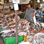 A vendor displaying fish to attract the customers at H-9 Weekly Bazaar in Federal Capital.