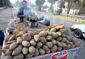 A vendor prepares charcoal-roasted sweet potatoes at a roadside stall on a winter day in twin cities.