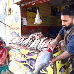 vendor sells fresh fish to a woman at Millat Road