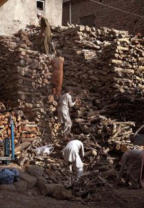 Elderly workers cut wood into pieces at their workplace in the Federal Capital, preparing it for sale.