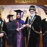 Chief Guest Vice Chancellor QAU Prof. Niaz Ahmad, Principal Dr. Saadia Aziz awarding degree to a successful student during the 1st Convocation of Islamabad Model College for Girls F-7/4. APP/TDZ