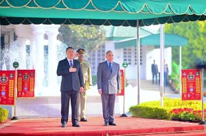 President of Kyrgyzstan H.E. Sadyr Nurgojo uulu Japarov receives guard of honor at the Prime Minister's House.