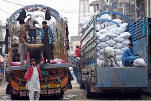 Labourers busy arranging cauliflower after unloading it from a delivery truck at the Vegetable Market in the Federal Capital.