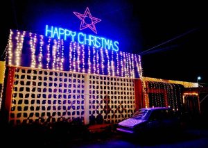 Fatima Hospital illuminated with decorative lights to celebrate Christmas.